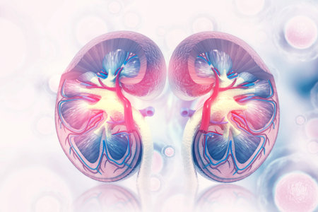 Human kidney cross section on scientific background. 3d illustration