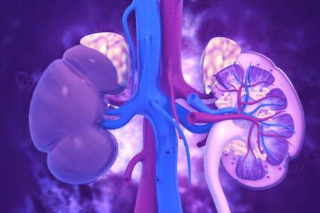 Human kidney cross section on scientific background. 3d illustration