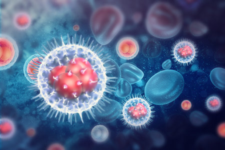 Cells with nucleus on scientific background. 3d illustration