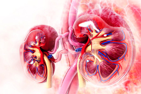 Human kidney cross section on scientific background. 3d illustration