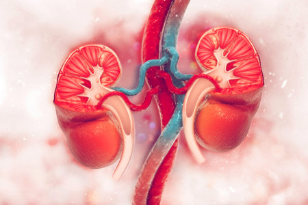 Human kidney cross section on scientific background. 3d illustration