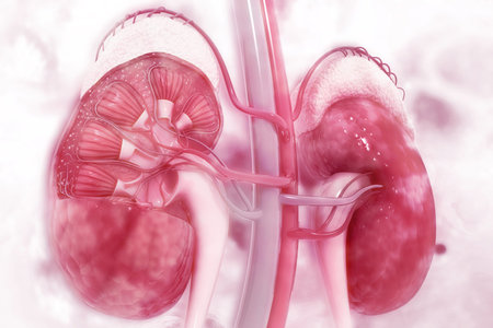 Human kidney cross section on scientific background. 3d illustration