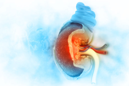 Human kidney cross section on scientific background. 3d illustration
