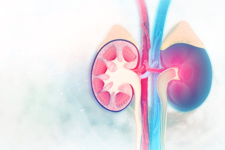 Human kidney cross section on scientific background. 3d illustration