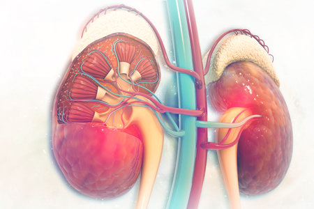 Human kidney cross section on scientific background. 3d illustration