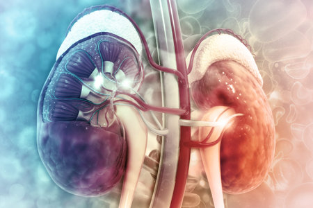 Human kidney cross section on scientific background. 3d illustrationの写真素材
