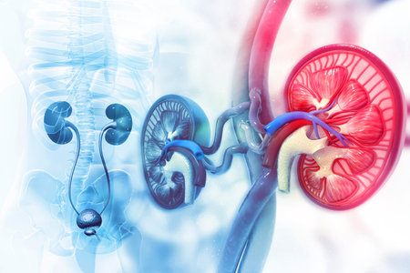 Human kidney cross section on scientific background. 3d illustration