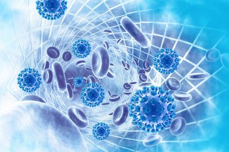 Virus infected blood cells. 3d illustration