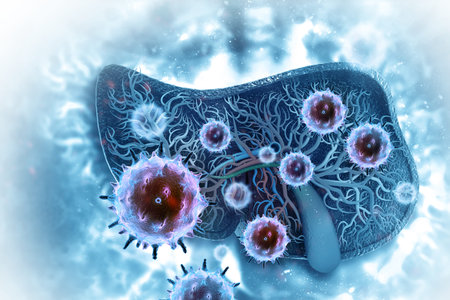Virus and bacteria infected human liver on scientific background