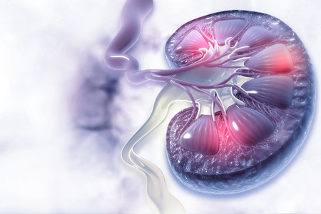 Human kidney cross section on scientific background. 3d illustration