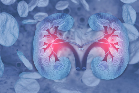 Human kidney cross section on scientific background. 3d illustration