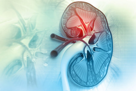 Human kidney cross section on scientific background. 3d illustration