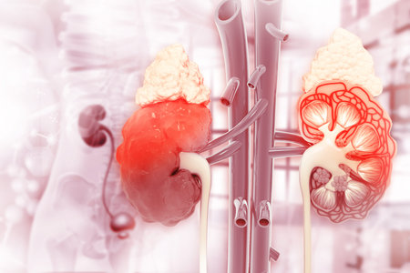 Human kidney cross section on scientific background. 3d illustration
