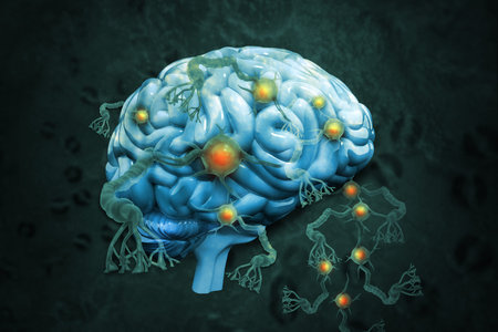 Active nerve cells on scientific background. 3d illustration