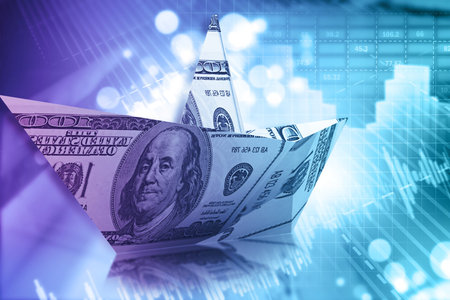 Ship made of dollar note. 3d illustrationの写真素材