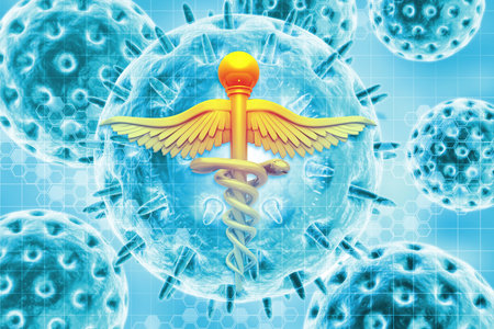 Caduceus medical symbol on scientific background. 3d illustrationの写真素材