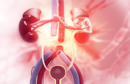 Human kidney cross section on scientific background. 3d illustration