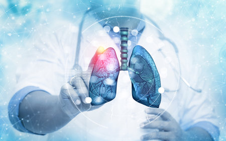 The doctor touching the human lung system on blurred background. 3d illustrationの写真素材