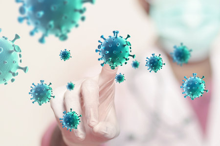 Doctor's hand touch and diagnose the viruses. modern interface screen on laboratory. 3d illustrationの写真素材
