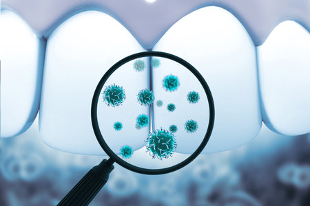 Viruses and bacterias around tooth. Dental hygiene medical concept. 3d illustrationの写真素材