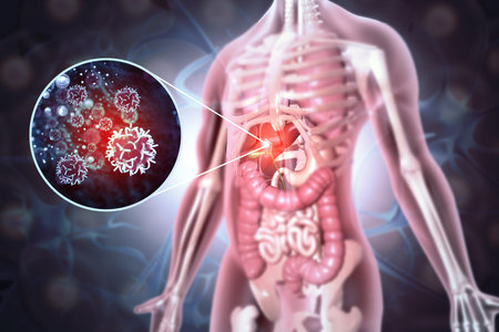 Diseased liver on abstract medical background. 3d illustration