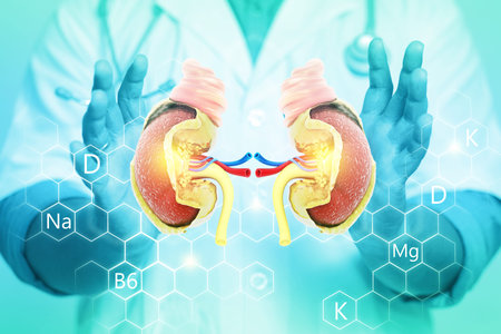 Doctor's hand shows human kidneys on scientific background. 3d illustration
