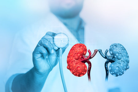 Doctor check and diagnose the diseased kidney on medical background. 3d illustrationの写真素材