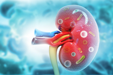 Bacteria or virus infected human kidney on scientific background. Kidney disease. 3d illustration