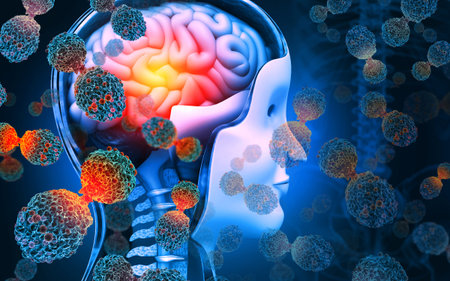 Brain cancer. Cancer cells attacking the human brain. 3d illustration