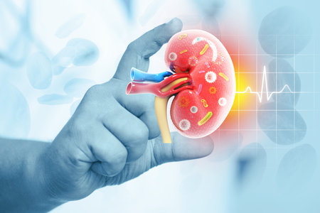 Doctor check and diagnose the bacteria or virus infected human kidney on scientific background....