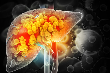 Liver damage such as Fatty liver, Fibrosis, Cirrhosis, and Liver cancer. 3d illustrationの写真素材