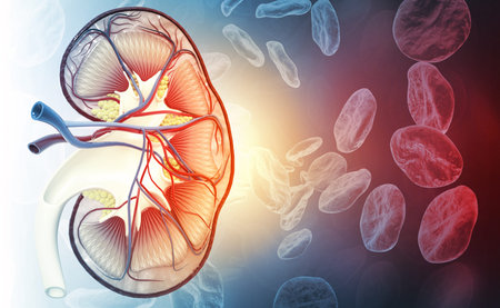Anatomy of Human kidney with cross-section. 3d illustration