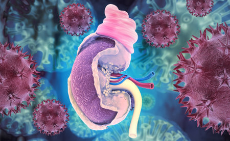 Kidney cancer. Viral infection. cancerous cells in a human body attacking the urinary system. 3d illustrationの写真素材