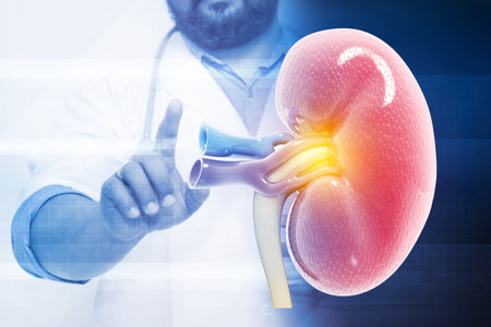 Doctor check and diagnose the human kidney on blurred medical background. 3d illustrationの写真素材