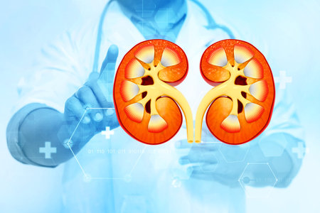 The urologist touching the human kidneys on blurred background. Cross section anatomy. 3d...
