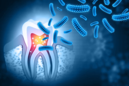 Microscopic bacterias and viruses around tooth. Hygiene medical concept. 3d illustrationの写真素材