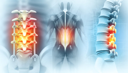 spinal column with implant, screw placement, 3d illustration