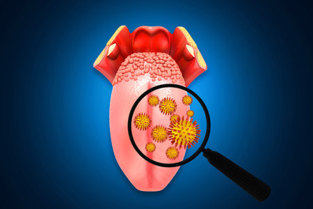 Anatomy of human tongue. Searching bacteria or virus, 3d illustration