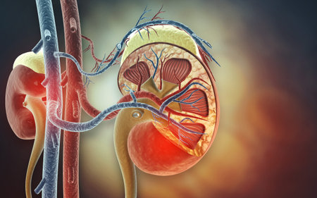 Human kidney cross section on scientific background. 3d illustration