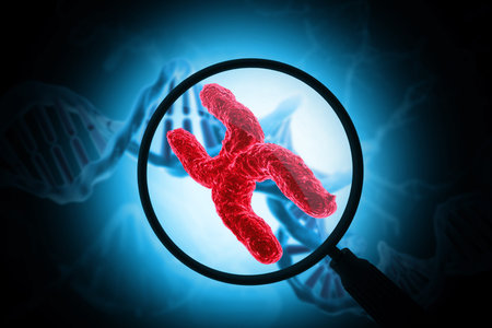 Magnifying glass showing the Chromosome structure with DNA. 3d illustration