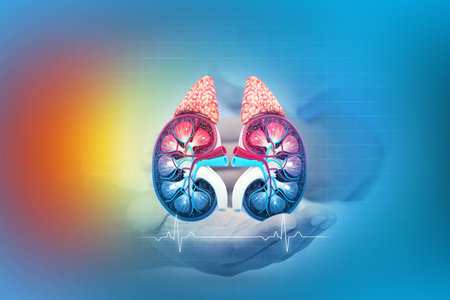 Doctor urologist shows kidneys on medical background. Kidney care concept. 3d illustrationの写真素材