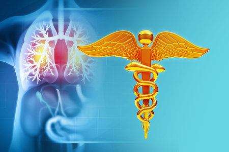 caduceus medical symbol in abstract medical background. 3d illustrationの写真素材