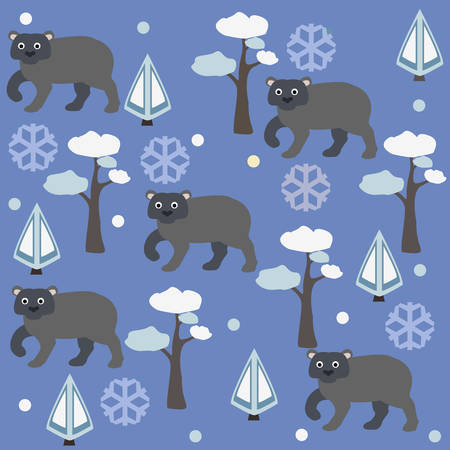 Seamless pattern of brown bear, pine tree and spruce, blue background. Vector Illustration. Winter/Merry Christmas Collectionのイラスト素材