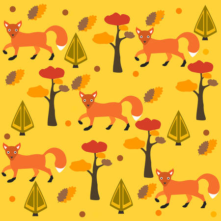 Seamless pattern of orange fox, pine tree and spruce, yellow background. Vector Illustration. Autumn/Fall Collectionのイラスト素材