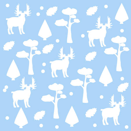Moose Pattern with leafs, pine and spruce trees. Blue Background. Vector Illustrationのイラスト素材