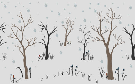 Trees. First Snow. Winter Christmas landscape background with trees, snow, snowflakes. Hand Drawn Design. Vector Illustration. Holiday Card. For cards, backgrounds, wallpaper, wrapping, etc.のイラスト素材