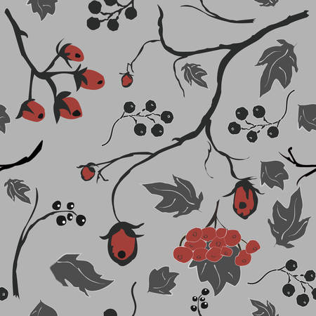 Floral Seamless Pattern. Hand Drawn Creative Sprays with berries. Colorful artistic design on grey background, blossom. For backgrounds, wallpapers, fabric, prints, textiles, wrapping, cards, cover.のイラスト素材