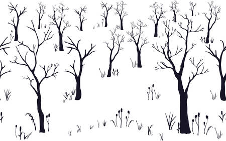 Seamless Pattern of Forest with no leaves. Set of Black Trees. Silhouette Texture. Hand Drawn Design. Vector Illustration. Holiday Card. For cards, backgrounds, wallpaper, wrapping, web, fabric, etc.のイラスト素材
