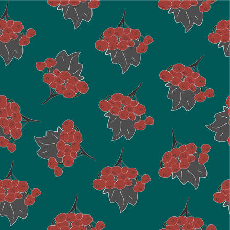 Seamless Pattern Of Rowan Spray, old traditional artistic style. Rowan Bunch with Berries. Rowan on Teal Background. For backgrounds, wallpapers, fabric, prints, textiles, wrapping, cards, cover.のイラスト素材