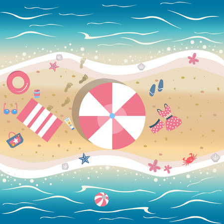 Summer Vector Illustration. Seashore from top view. Background template. For cards, postcards, posters, banners.Crab stealing food, sunscreen, clothes of male and female, flip flops, seashell, etc.のイラスト素材
